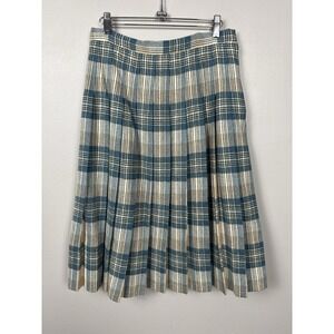 Vintage Plaid Wool Tartan Blue Cream Midi Pleated Skirt Retro Academia Preppy